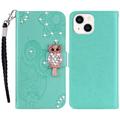 iPhone 15 Owl Rhinestone Wallet Case - Cyan
