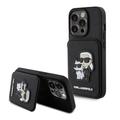 Pouzdro iPhone 15 Pro Karl Lagerfeld Saffiano Card Slot Stand Karl & Choupette - černé