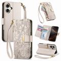 iPhone 16 Floral & Leaf Pattern Wallet Case with Zipper Pocket & Wrist Strap - White