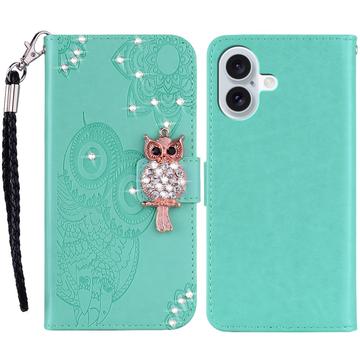 iPhone 16 Owl Rhinestone Wallet Case - Cyan