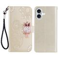 iPhone 16 Owl Rhinestone Wallet Case - Gold