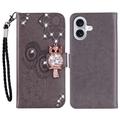 iPhone 16 Owl Rhinestone Wallet Case - Grey