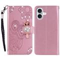 iPhone 16 Owl Rhinestone Wallet Case - Rose Gold