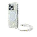 iPhone 16 Pro Guess IML Flowers Allover Electro Case with Pearl Strap - MagSafe Compatible - White