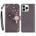 iPhone 16 Pro Max Owl Rhinestone Wallet Case - Grey