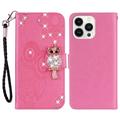 iPhone 16 Pro Max Owl Rhinestone Wallet Case - Hot Pink