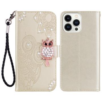 iPhone 16 Pro Owl Rhinestone Wallet Case - Gold