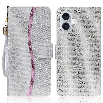 iPhone 16 Stylish Glitter Wallet Case - Silver