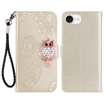 iPhone 16e Owl Rhinestone Wallet Case - Gold