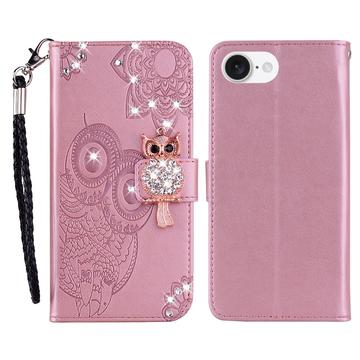 iPhone 16e Owl Rhinestone Wallet Case - Rose Gold