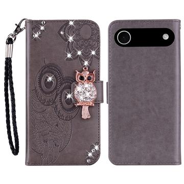 iPhone 17 Air Owl Rhinestone Wallet Case - Grey