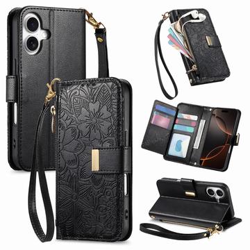 iPhone 17 Floral & Leaf Pattern Wallet Case with Zipper Pocket & Wrist Strap