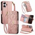 iPhone 17 Floral & Leaf Pattern Wallet Case with Zipper Pocket & Wrist Strap - Pink