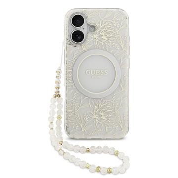 iPhone 17 Guess IML Flowers Allover Electro Case with Pearl Strap - MagSafe Compatible - White