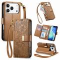 iPhone 17 Pro Floral & Leaf Pattern Wallet Case with Zipper Pocket & Wrist Strap - Brown