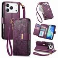 iPhone 17 Pro Floral & Leaf Pattern Wallet Case with Zipper Pocket & Wrist Strap - Purple