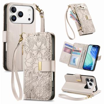 iPhone 17 Pro Floral & Leaf Pattern Wallet Case with Zipper Pocket & Wrist Strap - White