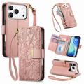 iPhone 17 Pro Max Floral & Leaf Pattern Wallet Case with Zipper Pocket & Wrist Strap - Pink
