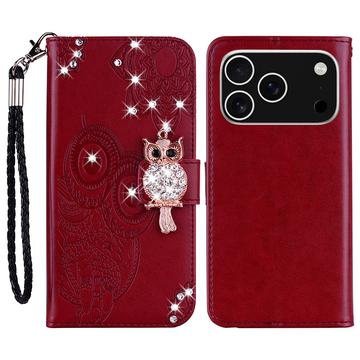 iPhone 17 Pro Max Owl Rhinestone Wallet Case - Red