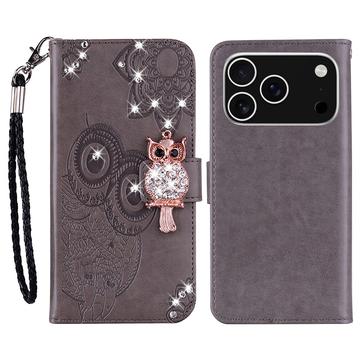 iPhone 17 Pro Owl Rhinestone Wallet Case - Grey