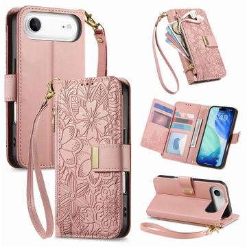 iPhone Air Floral & Leaf Pattern Wallet Case with Zipper Pocket & Wrist Strap - Pink