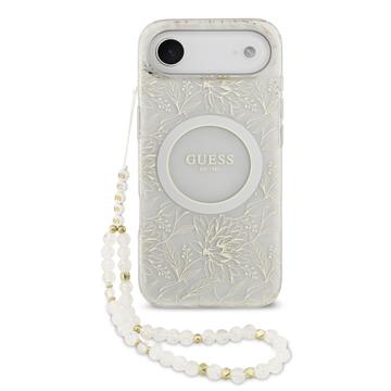 iPhone Air Guess IML Flowers Allover Electro Case with Pearl Strap - MagSafe Compatible - White