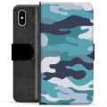 Prémiové peněženkové pouzdro iPhone X / iPhone XS - Blue Camouflage