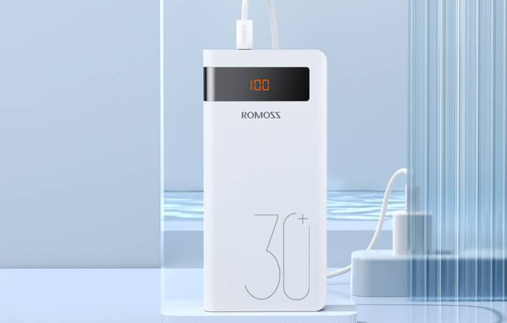 Romoss Sense 8P+ Power Bank 30000mAh w. LED Display - 2xUSB-A, USB-C - White